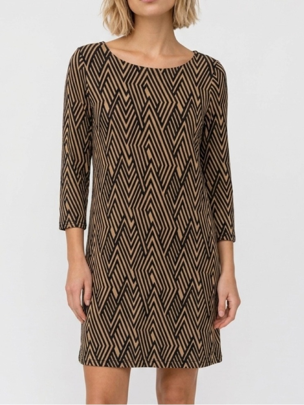 Hourglass Lilly Geometric A Line Mini Dress Tan Black 3/4 Sleeve Womens XS